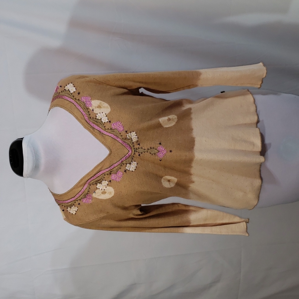 EUC Chaudry Sports Multicolor Beaded Embroidered V-neck Rayon Cotton Top Medium